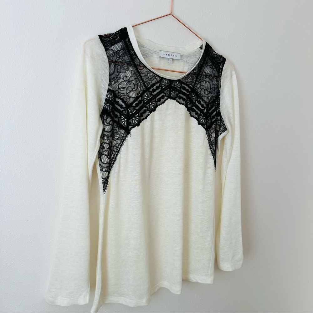 Sandro white linen black floral lace long sleeve T-shirt blouse top - Picture 8 of 10
